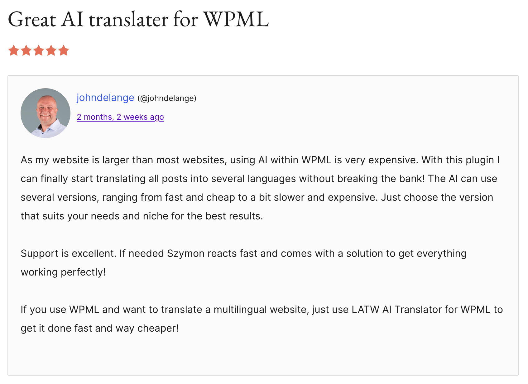 WordPress.org review of the plugin