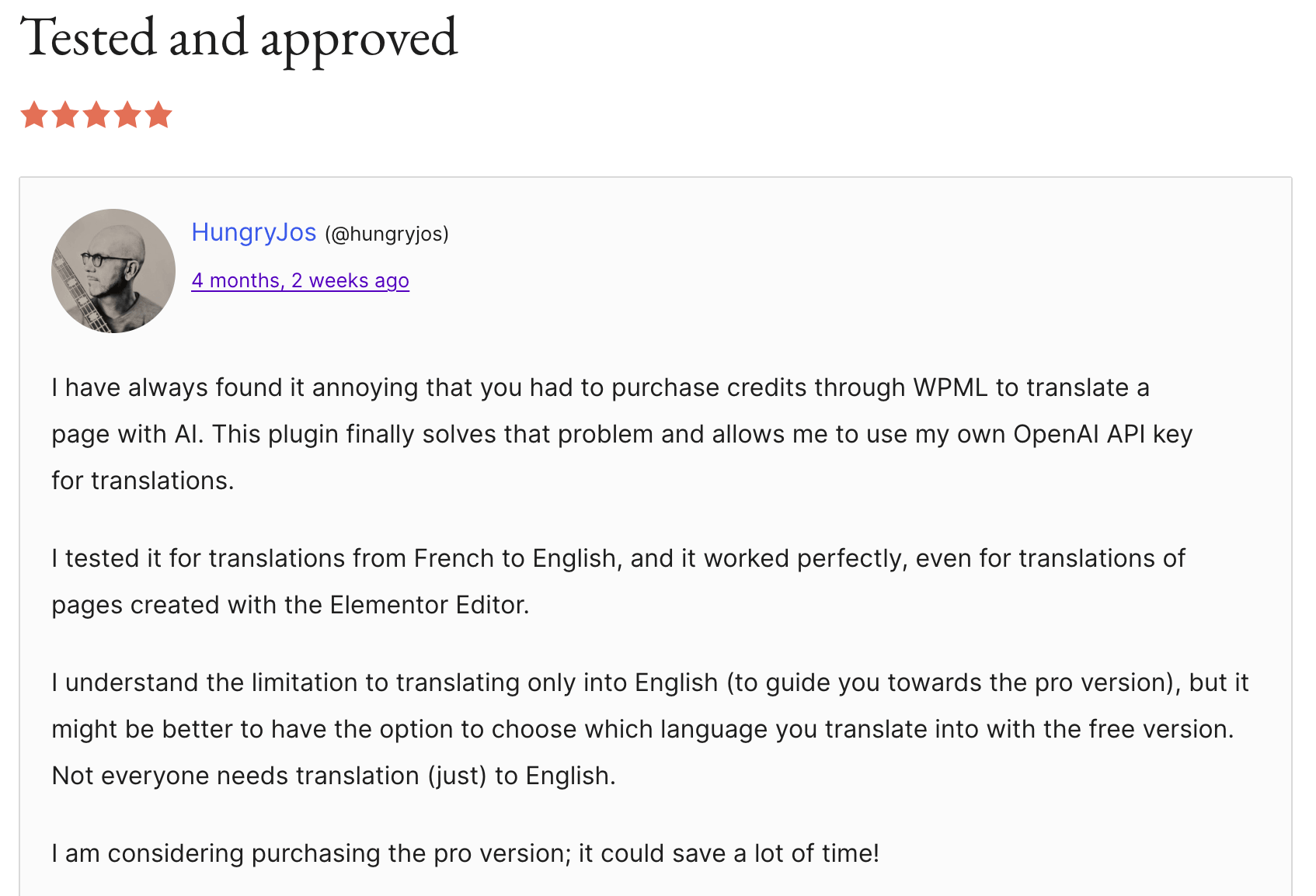 WordPress.org review of the plugin
