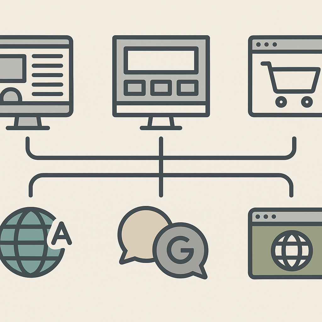 A decision tree or matrix matching site types such as blogs, business sites, and WooCommerce stores to the most suitable free translation plugin options