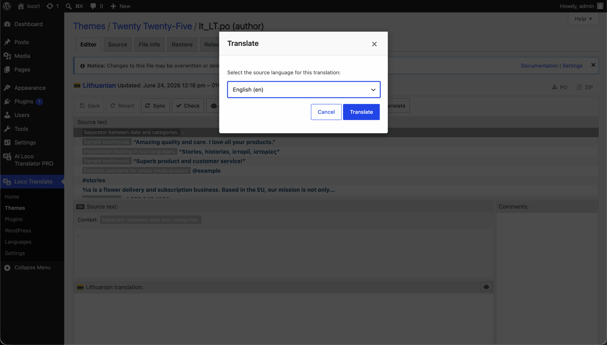 AI Translate button in the Loco Translate editor