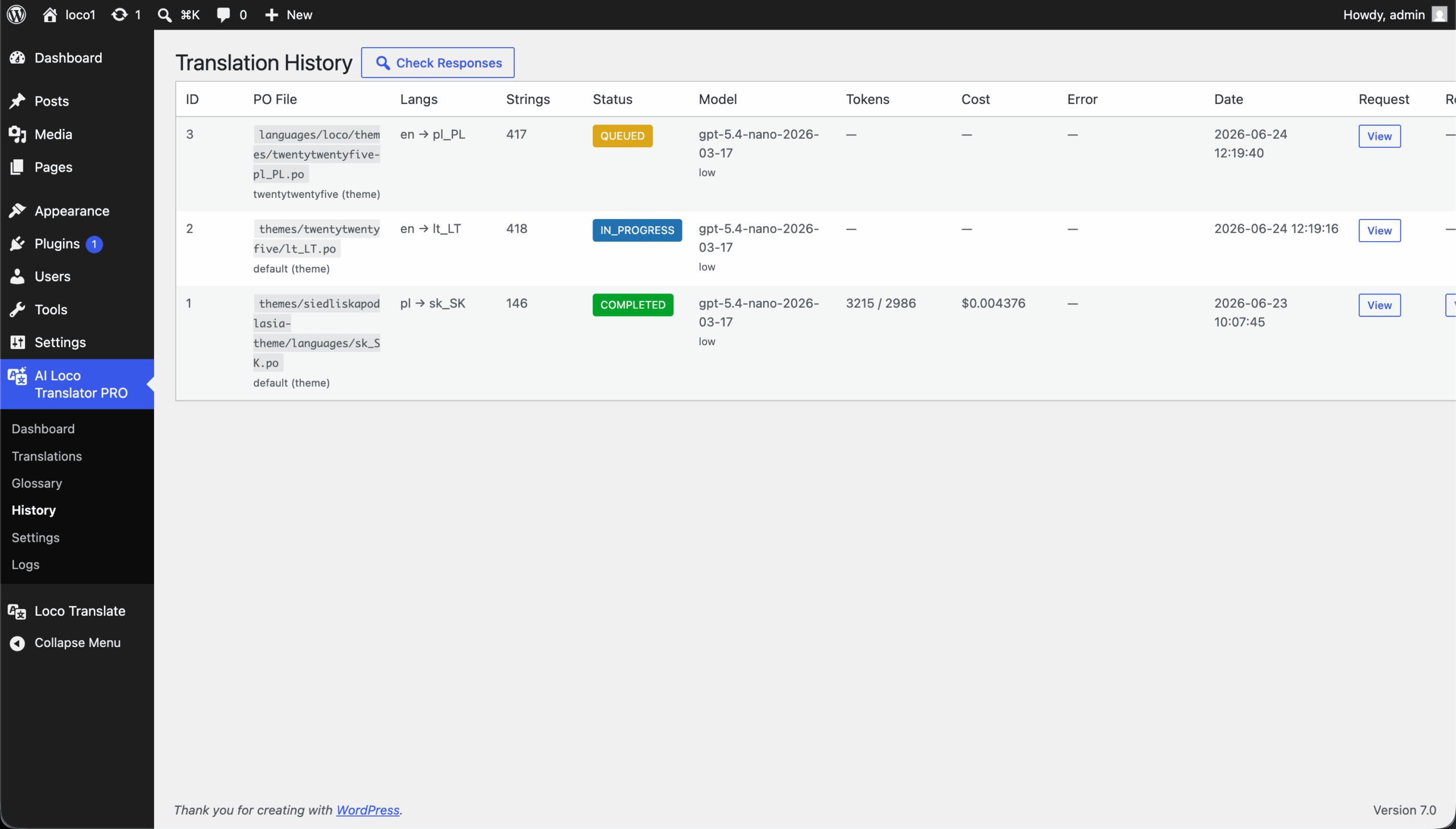 Loco Translate translation history page